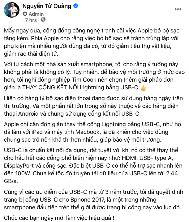 Thấy Apple tuyên bố bỏ củ sạc vì môi trường, CEO BKAV Nguyễn Tử Quảng gửi lời nhắn nhủ tới đồng nghiệp Tim Cook - Ảnh 2.