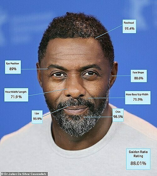 Idris Elba sở hữu chiếc cằm gần như hoàn hảo, tuy nhiên khoảng cách mũi và môi của anh lại là một điểm trừ khiến anh lọt top 8 với 88,01%