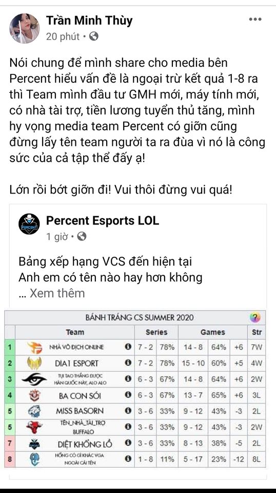 Quản lý Percent Esports lên tiếng xin lỗi Optimus sau bài đăng cà khịa chế tên OPG và các đội VCS - Ảnh 2.