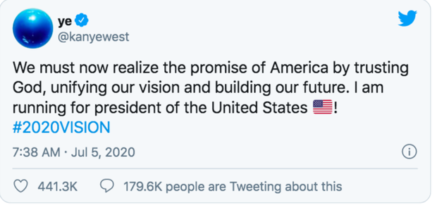 NÓNG: Kanye West tuyên bố chính thức tranh cử Tổng thống Mỹ, khiến cả thế giới chấn động với 1 tweet ngắn - Ảnh 1.
