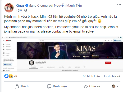 Youtuber Liên Quân nổi tiếng Kinas bị hack kênh tiền tỷ - Ảnh 2.