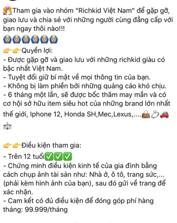 Một Fanpage rich kid Việt Nam đăng bài tuyển thành viên: Yêu cầu trên 12 tuổi, có ảnh chứng minh độ giàu và phí tham gia 5 triệu/ tháng - Ảnh 4.