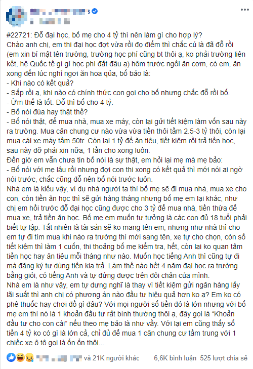 Đỗ đại học được bố thưởng 4 tỷ đồng, nhân vật chính không biết làm gì đành lên hỏi cộng đồng mạng, nhận về những phản ứng trái chiều - Ảnh 1.