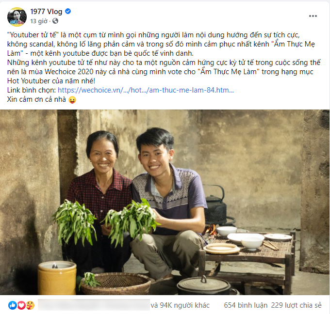 Nhắc tên “Ẩm thực mẹ làm” trên fanpage, 1977 Vlog khẳng định: Đây là một YouTuber tử tế - Ảnh 1.