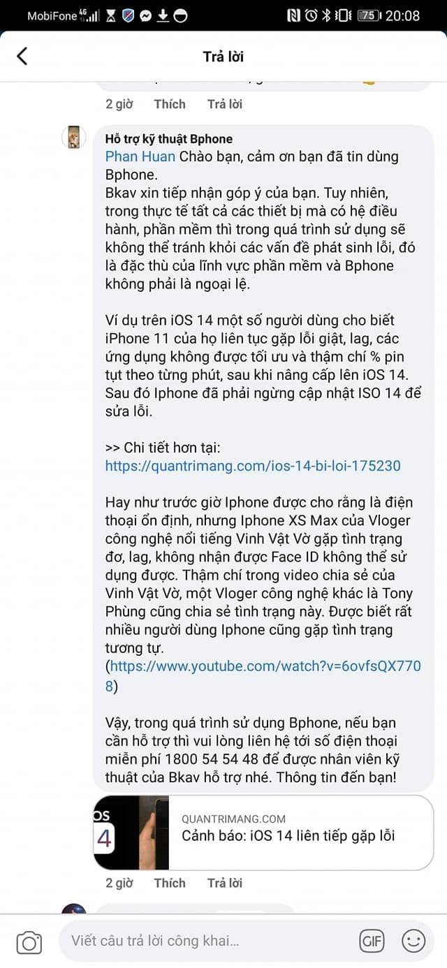 Người dùng góp ý lỗi, hỗ trợ kỹ thuật Bphone không giải thích mà bóc phốt luôn 1 loạt vấn đề của iPhone - Ảnh 1.