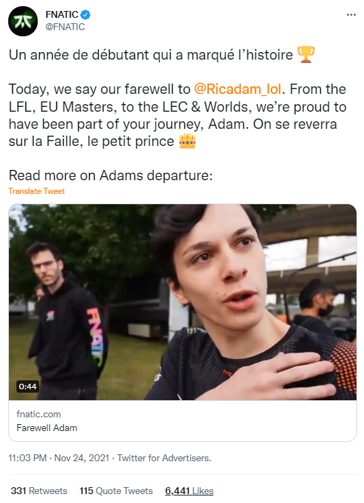 Adam rời Fnatic, đăng tâm thư tố cáo Upset vì gái bỏ đội ngay trước ngày khởi tranh CKTG 2021 - Ảnh 1.