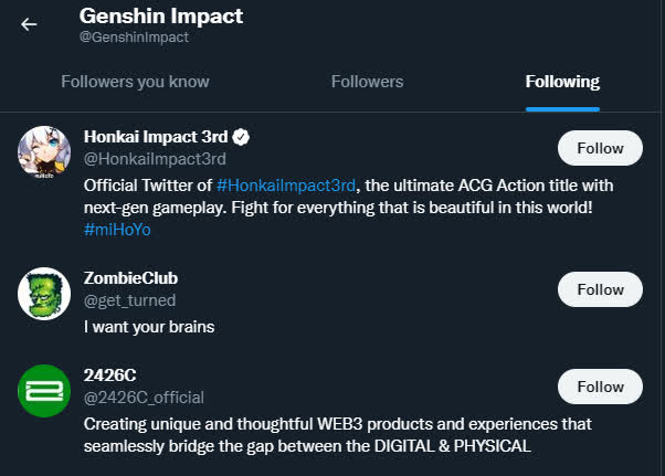 Twitter chính thức của Genshin Impact bất ngờ theo dõi tài khoản NFT, game thủ xôn xao sắp có biến lớn? - Ảnh 1.