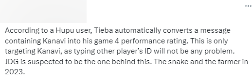 Khán giả từ LPL cho biết khi ai đó bình luận trên trang HUPU gõ tên Kanavi sẽ hiện ra số điểm của tuyển thủ này trong trận Bán Kết