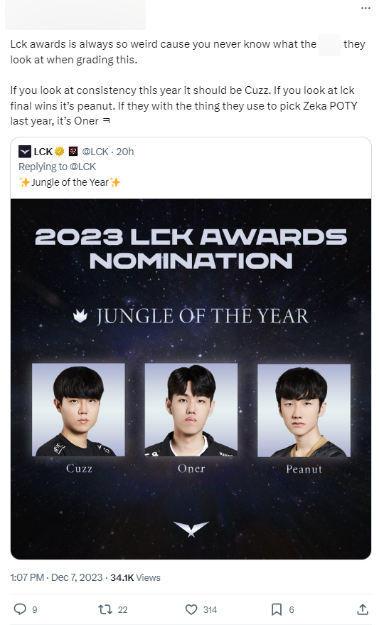 One weird thing about the LCK Awards is that you never know what standards they use to judge.  For example, for this category, throughout the year it will be Cuzz, the two LCK finals will be Peanut and Worlds will be Oner