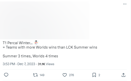 "T1 has more Worlds championships than LCK Summer.  Summer 3 times, Worlds 4 times"