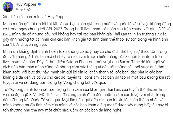 Không còn im lặng, BLV Huy Popper có hành động đầu tiên sau drama vạ miệng, khiến fan Thái giận dữ - Ảnh 2.
