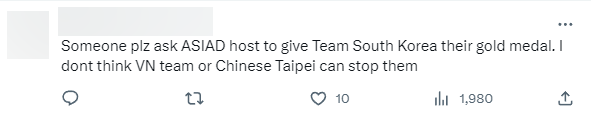 "Ai đó nói BTC ASIAD trao cho đội Hàn huy chương vàng đi. Đánh vậy thì Việt Nam với Đài Bắc Trung Hoa sao cản nổi?"