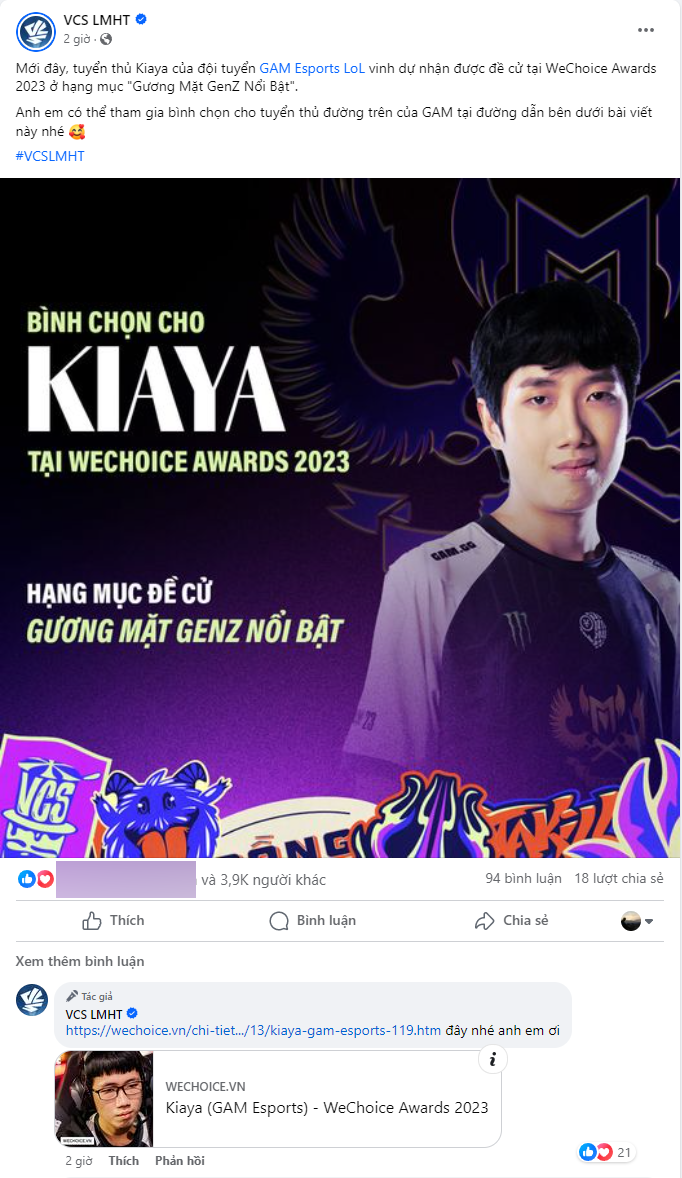 Toàn cộng đồng VCS chung tay, Kiaya có màn bứt phá ngoạn mục trong đề cử WeChoice Awards 2023