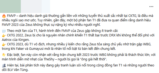 Sau drama chuyển nhượng, đã có fan T1 phân tích lại giá trị FMVP của Zeus