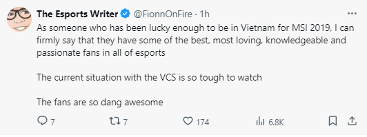 Nhà báo FionnOnFire: "Với những ai từng có may mắn xem MSI 2019 ở Việt Nam, tôi có thể xác nhận họ có rất nhiều cái nhất, và một tình yêu lớn, hiểu biết và cuồng nhiệt nhất trong tất cả các môn Esports. Nhưng VCS hiện tại quá khó để xem. Dù vậy thì khán giả vẫn rất tuyệt"