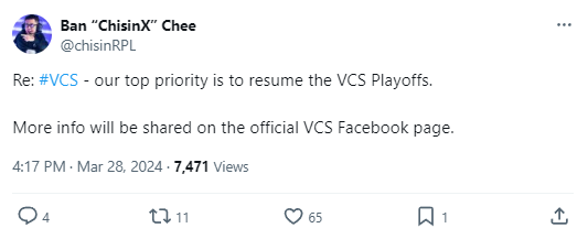Ông Ban "ChisinX" Chee: "Mục tiêu hàng đầu của chúng tôi là tái khởi động playoffs của VCS. Thông tin chi tiết sẽ được đăng tải trên trang fanpage chính thức của VCS"