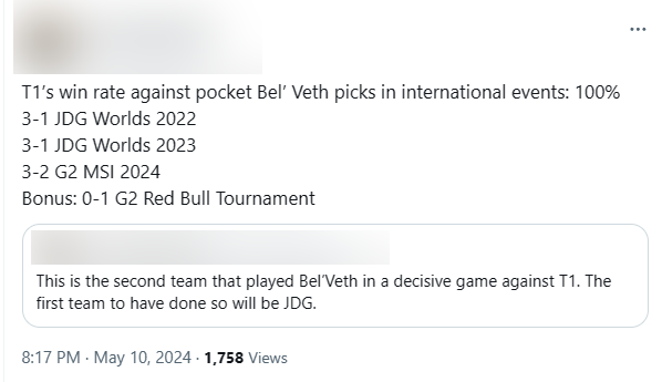 T1 thắng 100% khi đối đầu với Bel'Veth ở đấu trường quốc tế: 2 trận trước JDG và 1 trận trước G2. Và G2 cũng là đội thứ hai dám mang Bel'Veth vào ván đấu quyết định gặp T1. Đội đầu tiên làm điều đó đương nhiên chính là JDG