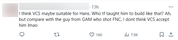 &quot;VCS chắc sẽ hợp với Hans. Ai dạy anh ta cách lên trang bị thế kia vậy? Ah nhưng mà so với anh bạn của GAM hôm đánh với FNC, thì tôi nghĩ VCS không chấp nhận Hans đâu&quot;