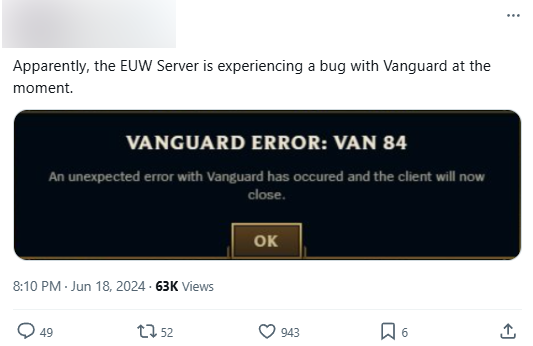 Lỗi Vanguard ghi nhận ở máy chủ châu Âu