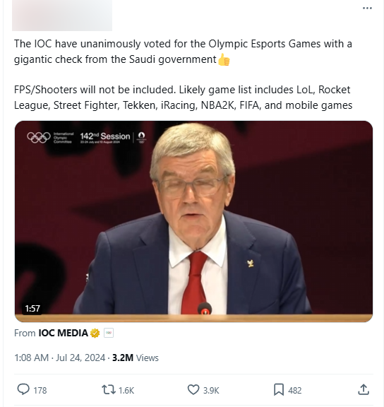 Ủy ban Olympic Quốc tế (IOC) đã đồng loạt thông qua việc tổ chức Thế vận hội Esports với khoản tài trợ khổng lồ từ chính phủ Saudi Arabia.  Các tựa game bắn súng (FPS) sẽ không được đưa vào. Danh sách các trò chơi dự kiến bao gồm League of Legends, Rocket League, Street Fighter, Tekken, iRacing, NBA 2K, FIFA và các trò chơi di động.