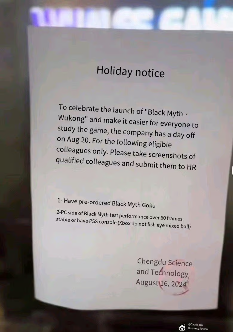 Bất ngờ một công ty cho nhân viên nghỉ trọn ngày, yêu cầu "nghiên cứu" Black Myth: Wukong Photo-1724302098471-17243020987791366999392
