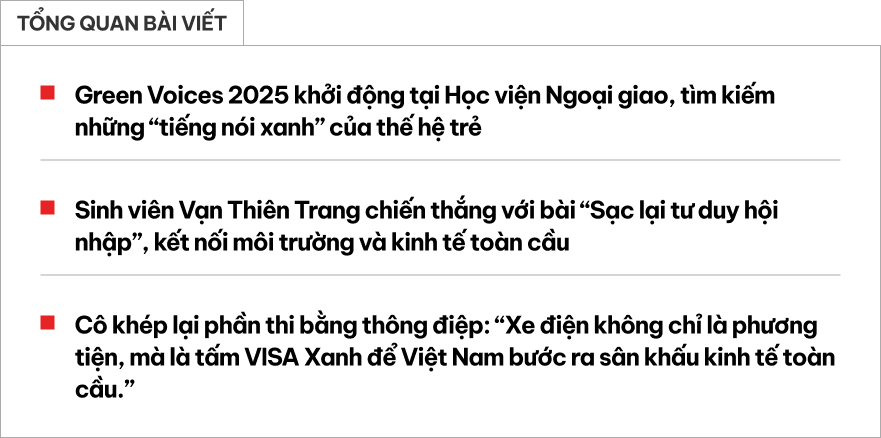 Nữ sinh Học viện Ngoại giao chiến thắng chặng mở màn Green Voices 2025 với thông điệp ‘xe điện không chỉ là phương tiện, mà là tấm VISA Xanh’- Ảnh 1.