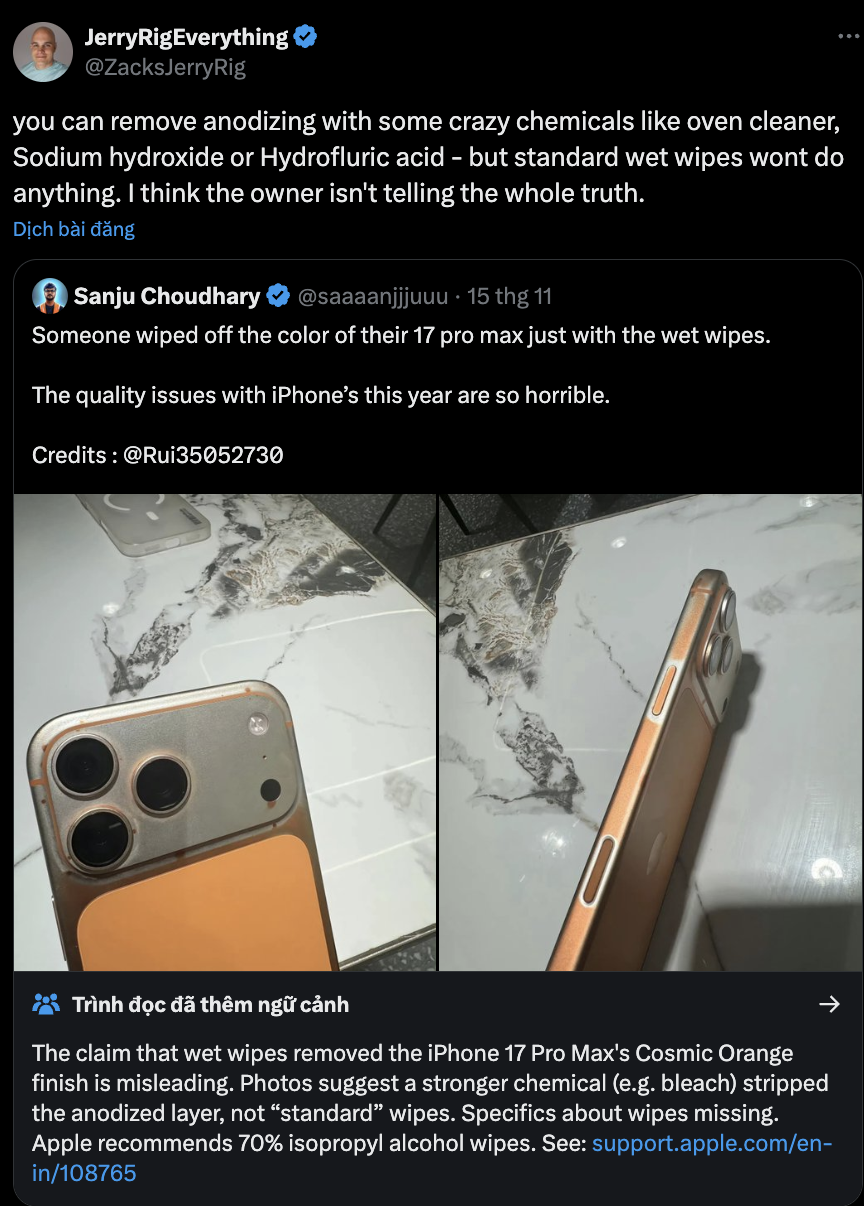 Sự thật iPhone 17 Pro Max “bay màu” sau khi lau bằng khăn ướt- Ảnh 4.