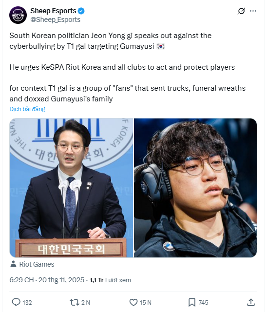 Nghị sĩ Hàn Quốc chỉ trích Gumayusi vụ việc gây tranh cãi thủ phạm thật sự lộ diện Nghị sĩ Hàn Quốc chỉ trích Gumayusi vụ việc gây tranh cãi thủ phạm thật sự lộ diện