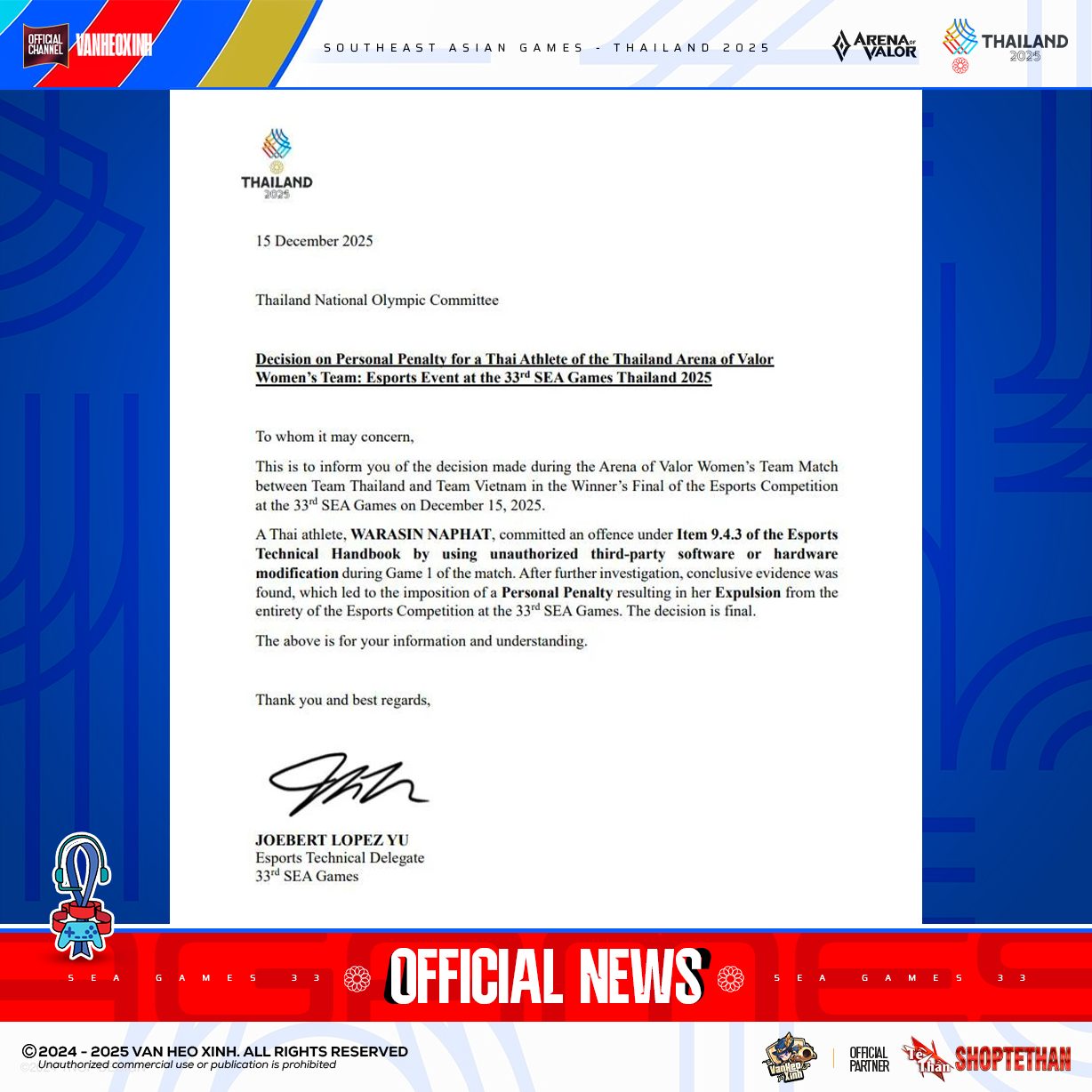 Nữ tuyển thủ Liên Quân Mobile Thái Lan dính án phạt cực nặng tại SEA Games 33 vì gian lận- Ảnh 1. Nữ tuyển thủ Liên Quân Mobile Thái Lan dính án phạt cực nặng tại SEA Games 33 vì gian lận- Ảnh 1.