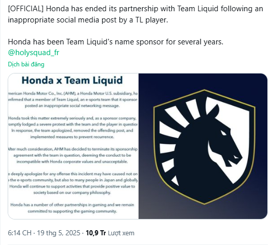 Honda's immediate termination of sponsorship Honda's immediate termination of sponsorship