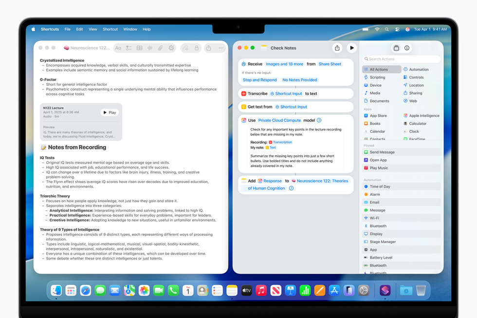 Phím Tắt được tăng cường sức mạnh nhờ Apple Intelligence, giúp người dùng có thể trực tiếp sử dụng các mô hình Apple Intelligence, trên thiết bị hoặc với Điện Toán Đám Mây Riêng, để tạo ra các phản hồi đưa vào phần còn lại của phím tắt Phím Tắt được tăng cường sức mạnh nhờ Apple Intelligence, giúp người dùng có thể trực tiếp sử dụng các mô hình Apple Intelligence, trên thiết bị hoặc với Điện Toán Đám Mây Riêng, để tạo ra các phản hồi đưa vào phần còn lại của phím tắt