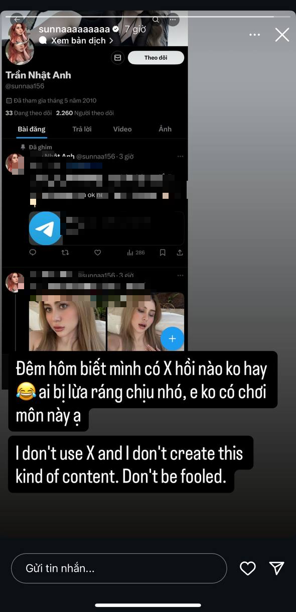 Xuất hiện tài khoản trên mạng xã hội X gắn với nội dung nhạy cảm, hot girl Sunna nói gì?- Ảnh 3. Xuất hiện tài khoản trên mạng xã hội X gắn với nội dung nhạy cảm, hot girl Sunna nói gì?- Ảnh 3.