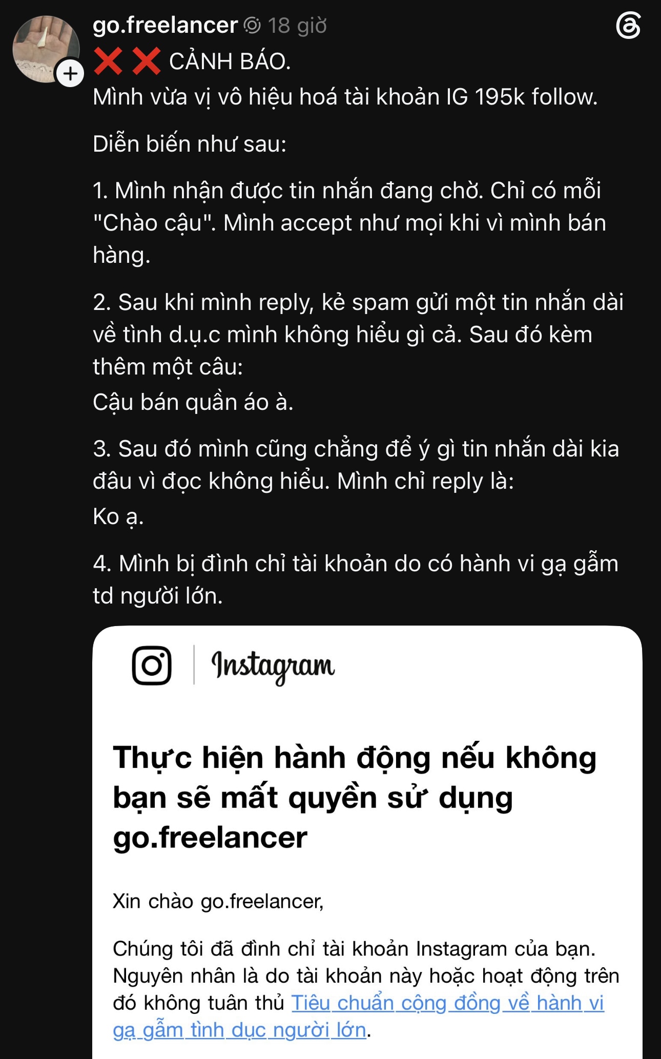 Bị đình chỉ tài khoản IG trăm nghìn follow vì hành vi gạ gẫm, chính chủ lên tiếng oan ức- Ảnh 1.