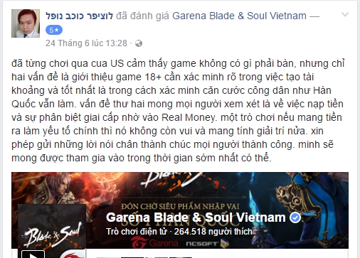 Một game thủ đưa ra ý kiến nên yêu cầu đăng ký số CMT cho Blade and Soul