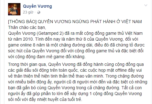  Thông báo đóng cửa game đăng trên Fanpage 