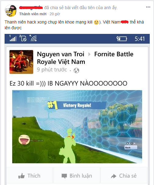  Trẻ trâu Việt khoe khoang chiến tích giết được 30 mạng trong game nhờ hack. 