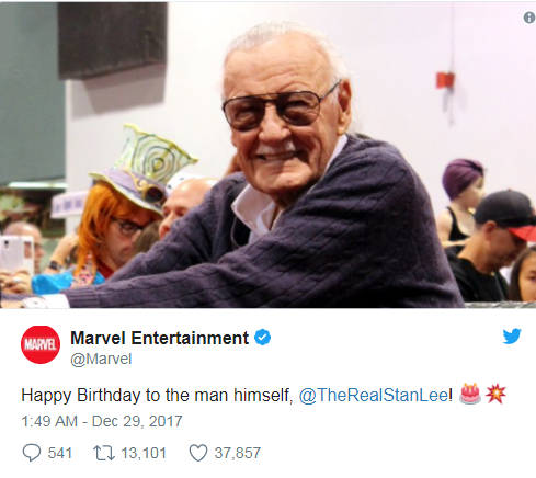 Hãng Marvel chính là người đầu tiên đã gửi lời chúc đến Stan Lee