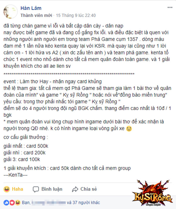  Ngay khi quay lại game, game thủ này đã mạnh dạn chi tiền làm event “khủng” cho anh em 