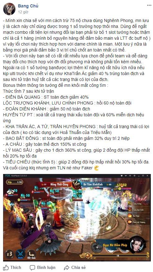 Bài viết chia sẻ của game thủ “Bang Chủ” về cách xếp trận “thí tốt” thu hút nhiều quan tâm