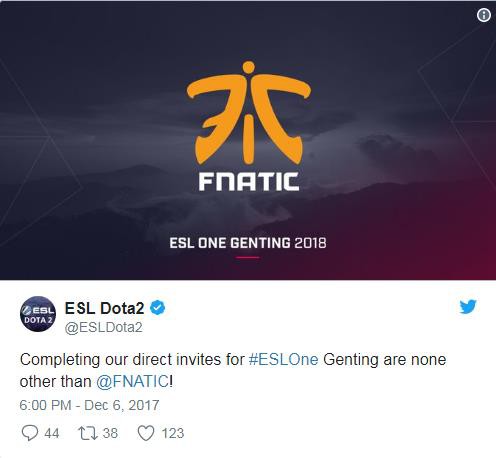 Fnatic bất ngờ trở thành cái tên cuối cùng được mời dự DOTA 2 ESL GENTING 2018