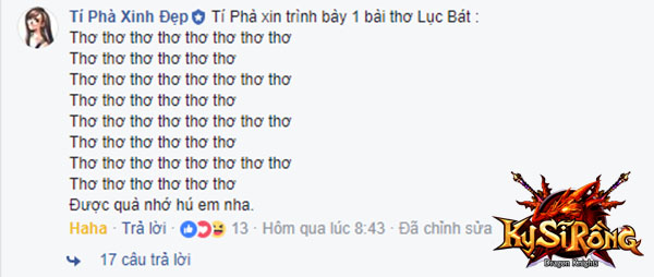  Ngay cả admin của Kỵ Sĩ Rồng - Tí Phà Xinh Đẹp cũng có mặt để góp vui, dù cho bài thơ có hơi bị “nhiều thơ” 
