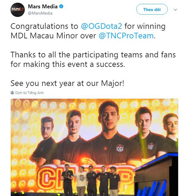 Hủy diệt TNC, OG bước lên ngôi vương tại giải đấu DOTA 2 MDL MACAU MINOR