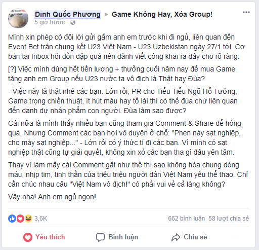  Anh Q.P khẳng định sẽ sử dụng toàn bộ tiền lương tháng của mình để thực hiện lời hứa nếu như đội tuyển Việt Nam giành chiến thắng. 