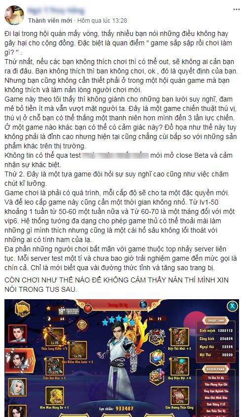 Một game thủ chia sẻ trong group Hội Quán Kim Dung Quần Hiệp Truyện chỉ trích cách chơi hời hợt của nhiều người