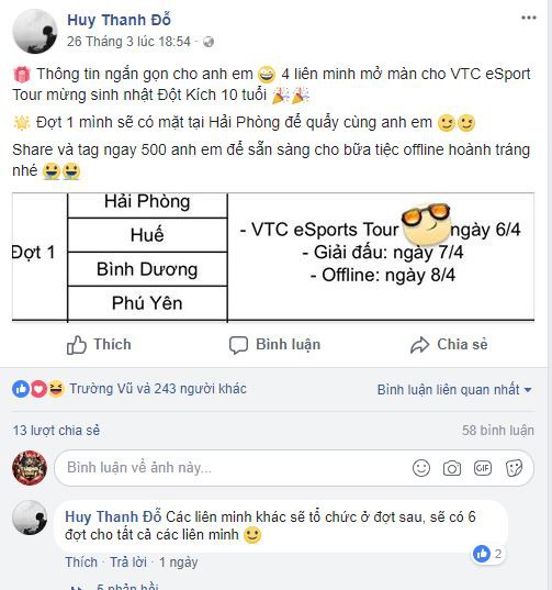  Theo thông tin được chia sẻ trên trang cá nhân của anh chàng Huy Thanh Đỗ, chuỗi hoạt động của VTC Esport Tour sẽ bắt đầu từ ngày 6/4 