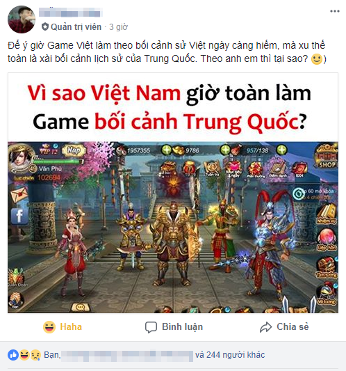  Dần dần, điều này lại tạo ra các tranh cãi trong cộng đồng game thủ: Vì sao game Việt không lấy sử Việt mà lại lấy sử Trung? 