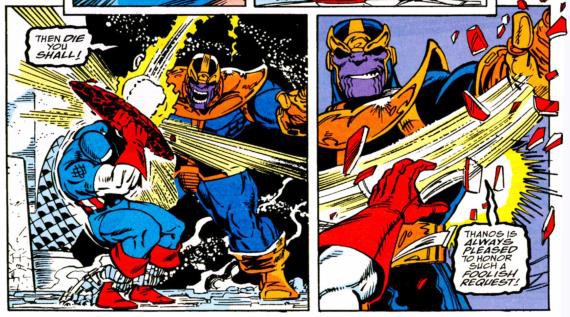  Thanos đáp trả bằng việc đập nát chiếc khiên Vibranium và kết liễu người anh hùng. 