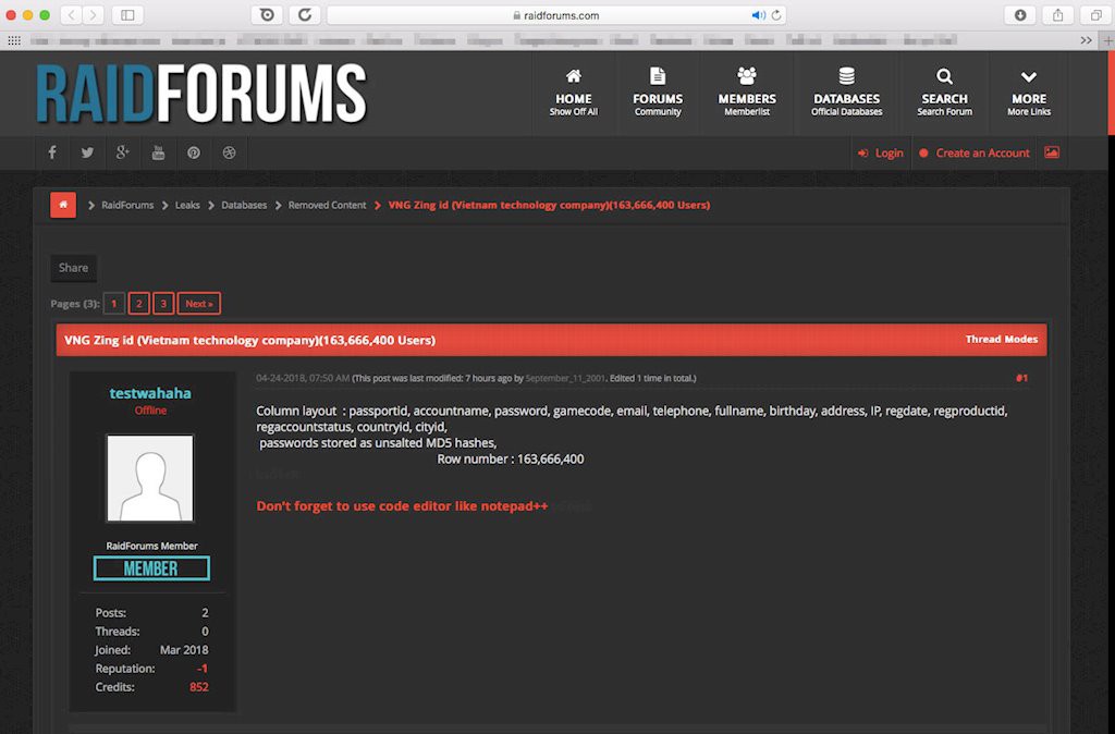 Bài chia sẻ của thành viên trên diễn đàn raidforums, cho rằng file dữ liệu có tới hơn 163 triệu tài khoản người dùng VNG - Ảnh chụp màn hình 