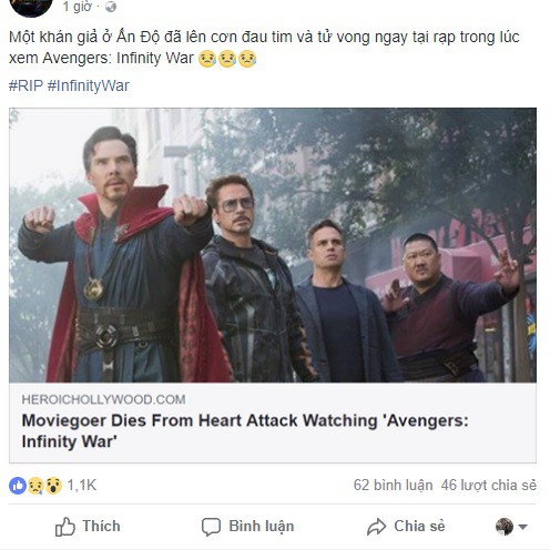 Cộng đồng mạng xôn xao việc một người đàn ông Ấn Độ qua đời khi đang xem Avengers: Infinity War