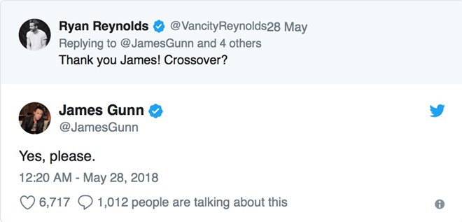  Ryan Reynolds thuyết phục đạo diễn James Gunn về việc hợp tác giữa Deadpool và Guardians of the Galaxy. 